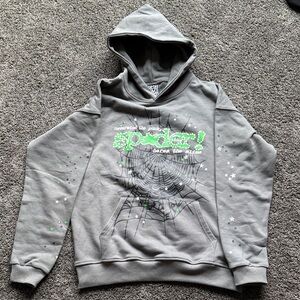 Gray Hoodie with Spiderweb Graphic and Neon Green Accents